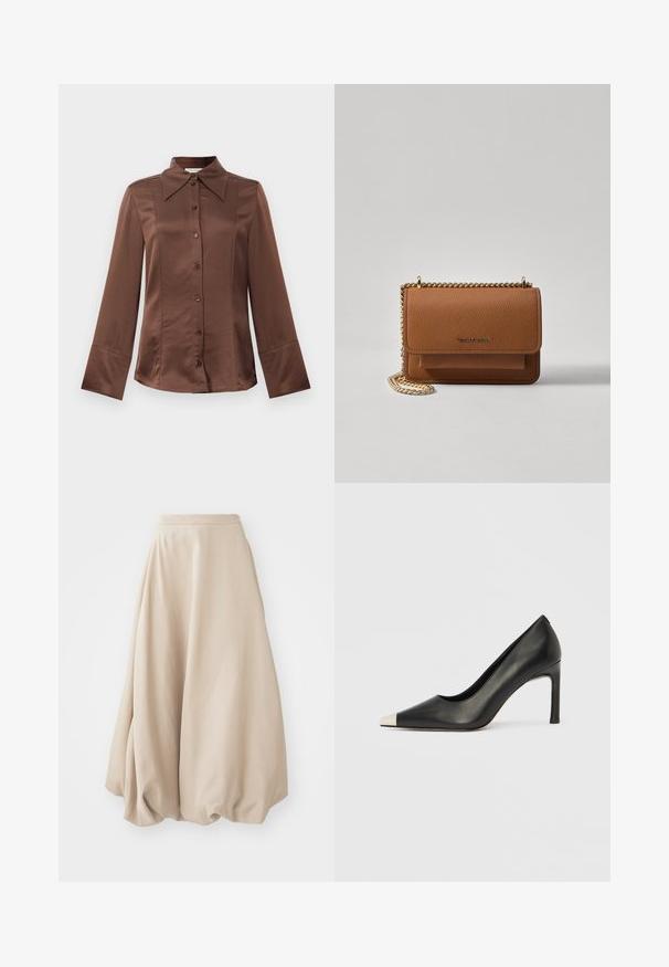 Brūna satīna krekls ar klasisku apkakli, garām piedurknēm un priekšējo pogu aizdari. Izceļas ar gludu tekstūru un izgrieztu piegriezumu.; Bežs balonu svārki, kas izgatavoti no mīksta auduma. Iezīmē augstu jostasvietu un apjomīgu dizainu ar savilktu faktūru apakšmalā.; Melns ādas augstpapēžu kurpes ar smailu purngalu un metāliski sudraba uzgali. Ir gluda apdare un slaids 10 cm augsts papēdis.; Brūna teksturēta ādas plecu soma ar zelta ķēdes siksnu un atloka aizdari. Priekšpusē ir logotipa detaļa un kabata zem atloka.