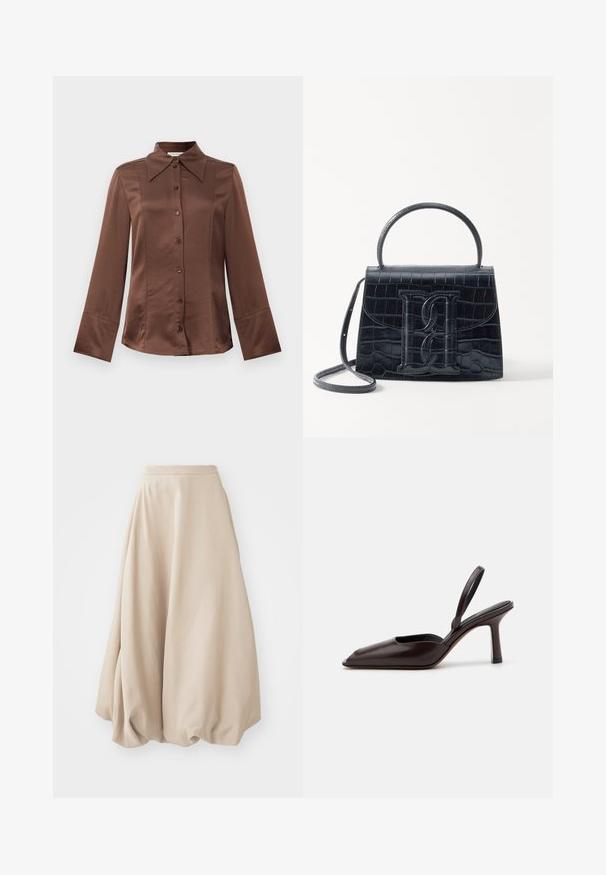 Barna selyem ing klasszikus gallérral, hosszú ujjal és elülső gombos záródással. Jellemzője a sima textúra és a testhezálló fazon.; Beige ballon szoknya puha anyagból. Magas derekú, voluminózus dizájnnal rendelkezik, a végén gyűrött textúrával.; Barna lakkbőr slingback magassarkú cipő hegyes orral és vékony, magas sarkúval. Elegáns dizájn és sima felület jellemzi.; Fekete krokodilbőr hatású kézitáska, amelynek strukturált kialakítása van, felső fogantyúval, állítható pánttal és egy kiemelkedő elülső logó részlettel.