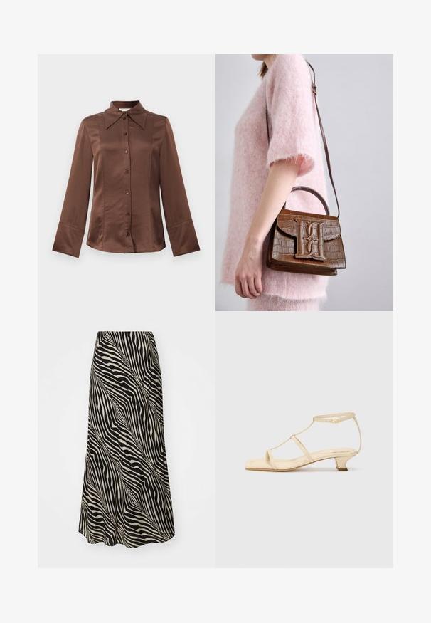 Barna selyem ing klasszikus gallérral, hosszú ujjal és elülső gombos záródással. Jellemzője a sima textúra és a testhezálló fazon.; Közepes hosszúságú szoknya sima anyagból, fekete és bézs hullámos csíkos mintával, amely finoman bővül a deréktól a szegélyig.; Beige színű sarkú szandál T-pántos dizájnnal, négyzet alakú orral, állítható bokapánttal és alacsony, tömbsarkú kivitelezéssel. Simává dolgozott bőr anyag.; Barna krokodilbőr mintázatú kézitáska, tetején fogantyúval és vállpánttal. A túloldalán egy hangsúlyos logó található. Puha tapintású.