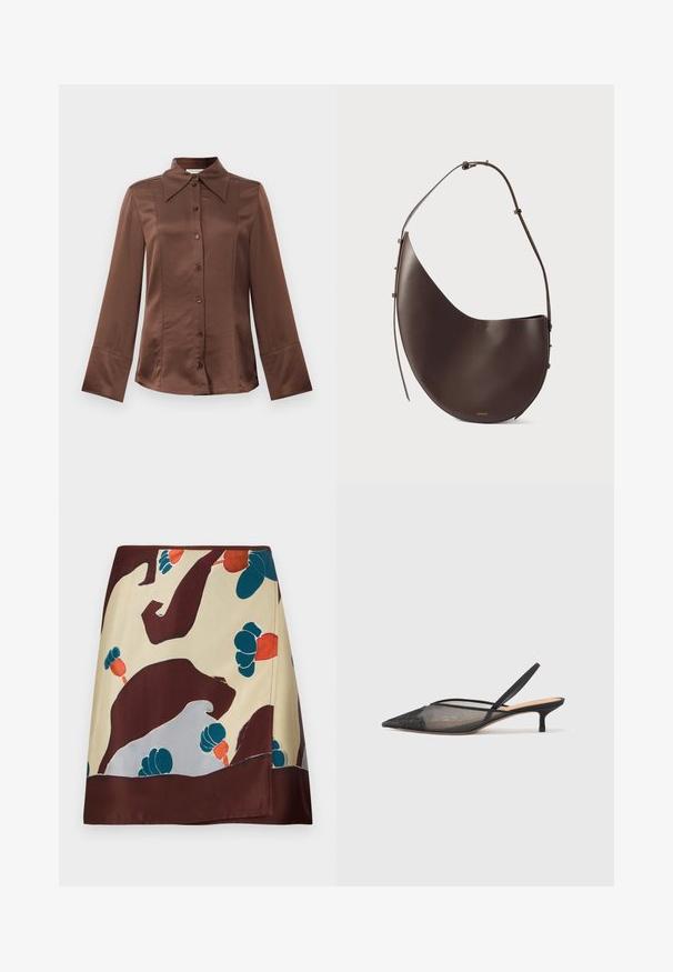 Hnědá saténová košile s klasickým límečkem, dlouhými rukávy a zapínáním na knoflíky vpředu. Výrazná svojí hladkou texturou a přiléhavým střihem.; Hedvábná sukně s béžovým základem a abstraktními květinovými vzory v burgundské, tyrkysové a červené barvě; lem má tmavě burgundský finiš.; NEOUS IRENA - Klasické lodičky - black; Hnědá kožená kabelka s zakřiveným tvarem, jedním popruhem a minimalistickým designem. Obsahuje nenápadné logo a zlaté kovové prvky.