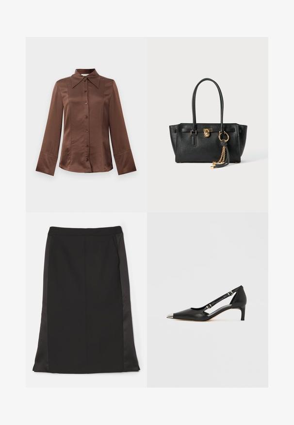 Brun satinskjorte med klassisk krage, lange ermer og frontlukking med knapper. Kjennetegnet ved en glatt tekstur og tilpasset passform.; Svart blyantskjørt med en glatt stofffinish, med sidelommer og en litt matt satinstoffpanel på siden for kontrast.; Sort skinn kittenhel med spiss sølv tåhette og doble spenne-stropper på hvit bakgrunn.; Svart lærveske med doble håndtak, gulllås og kjededetalj, samt svart-hvite duskdekorasjoner mot hvit bakgrunn.
