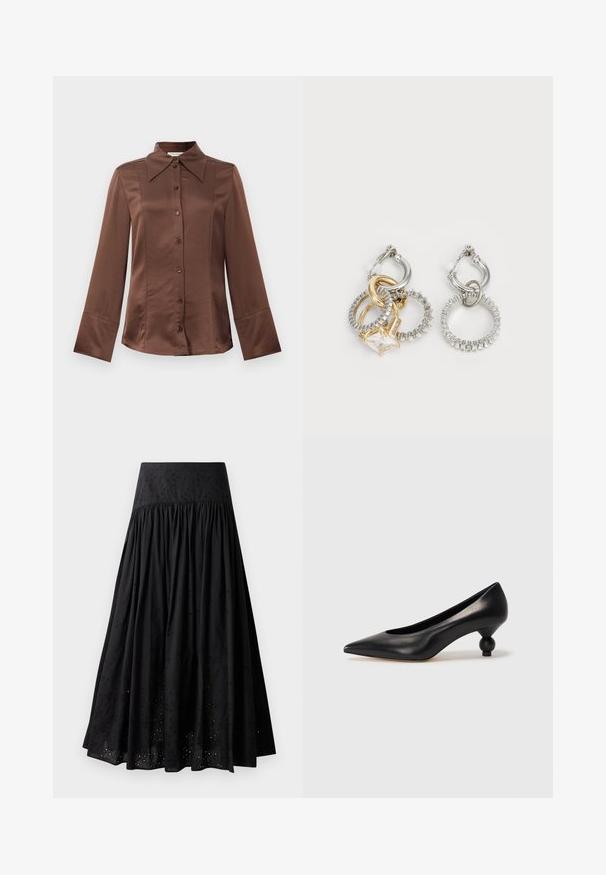 Ruskea satiinipaita, jossa on klassinen kaulus, pitkät hihat ja etupainonappi. Tunnetaan sileästä tekstuuristaan ja muotoonommellusta istuvuudestaan.; Musta maxi-hame, joka on valmistettu puuvillasta ja jossa on brodeerattu vyötärö. Hameessa on koottua kangasta ja reunan aukotusta tarkkuusompelua.; Musta nahkakengät korkealla korolla, joissa on terävä kärki ja pyöreä, pallomainen korko. Sileä pinta ja tyylikäs, minimalistinen muotoilu.; Kohokorut, joissa on toisiinsa kietoutuneita kultaisia ja hopeisia renkaita, kirkas kuutiozirkoniakorostus ja yksi rengas on teksturoitu.