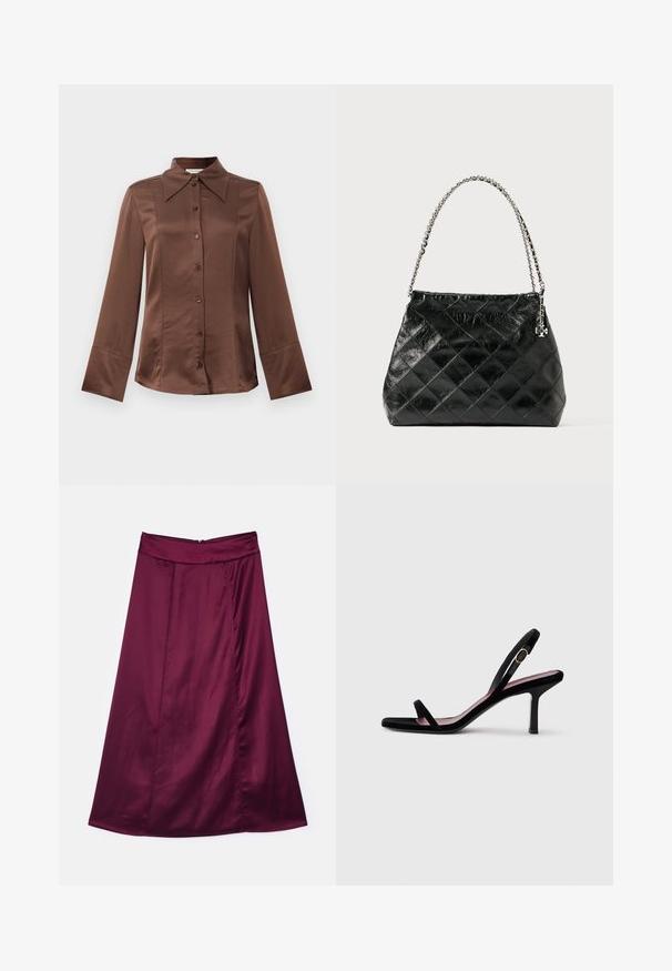 Brun satinvaskad skjorta med klassisk krage, långa ärmar och knappstängning framtill. Utmärkande för sin släta textur och skräddarsydda passform.; Burgundy satäng A-linje kjol med en slät textur, med en subtil glans, hög midja och dragkedja bak.; Svart mocka högklackad sandal för kvinnor med smala remmar och ett guldspänne på vit bakgrund, sidosyn.; Svart quiltad läderhandväska med ett handtag i silverkedja, med en strukturerad design och slät yta.