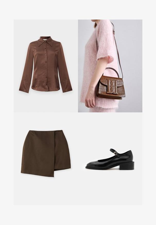 Smeđi satenski košulja s klasičnim ovratnikom, dugim rukavima i prednjim zatvaranjem na dugme. Izdavaća se po glatkoj teksturi i kroju prilagođenom tijelu.; By Malene Birger RAYE - Suknja A kroja - dark mahogany; Souliers Martinez PENELOPE - Visoke pete - black; Smeđa torba od krokodilske kože s gornjom ručkom i naramenicom. Ima istaknuti logo na prednjem preklopu. Mekana tekstura.