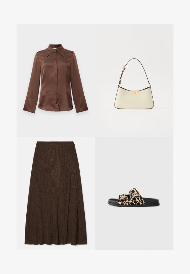 Cămașă din satin maro cu guler clasic, mâneci lungi și închidere prin butoane în față. Se remarcă printr-o textură netedă și un croi ajustat.; Fustă midi călduță, cu nervuri, având o textură specială, cu un talie ajustată și un design plissetat pentru volum și mișcare.; Sabot cu imprimeu leopard, superior din material pufos, două curele ajustabile și accente din metal argintiu, așezat pe o talpă neagră netedă.; Geantă din piele de culoare crem, cu o formă curbată. Dispune de un accent cu logo aurit și o curea subțire, ajustabilă, de culoare închisă.