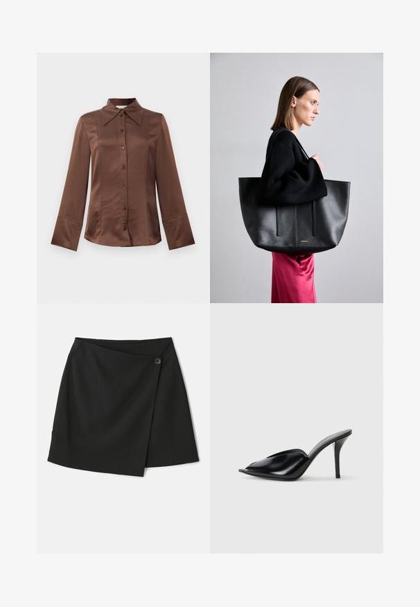 Ruskea satiinipaita, jossa on klassinen kaulus, pitkät hihat ja etupainonappi. Tunnetaan sileästä tekstuuristaan ja muotoonommellusta istuvuudestaan.; Mustat kietaisuhameet, joissa on sileä kankaan pinta, epäsymmetrinen muotoilu ja sivunapit yksityiskohtana.; Musta nahkainen korkeakorkoinen mules-malli, avoimella varpaalla, terävä muotoilu, sileä pinta ja kapea stilettokorko.; Musta nahkainen laukku tekstuuripinnalla, jossa on kaksi pystysuoraa viivaa, kaksinkertaiset olkahihnat ja minimalistinen muotoilu.