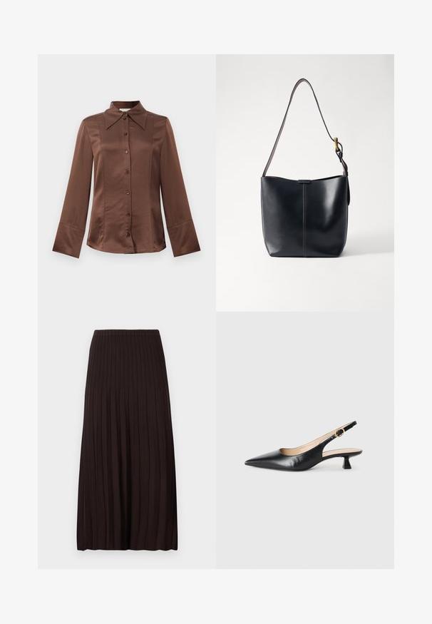 Brown satin shirt with a classic collar, long sleeves, and front button closure. Notable for a smooth texture and tailored fit.; Black pleated midi skirt with a high waistband, made of ribbed knit fabric, featuring vertical grooves for texture and a flowy silhouette.; Black leather slingback kitten heel shoe with pointed toe and gold buckle on side strap, on white background.; Black leather shoulder bag with a smooth texture, featuring a thin, long strap and a subtle stitched detail down the center.