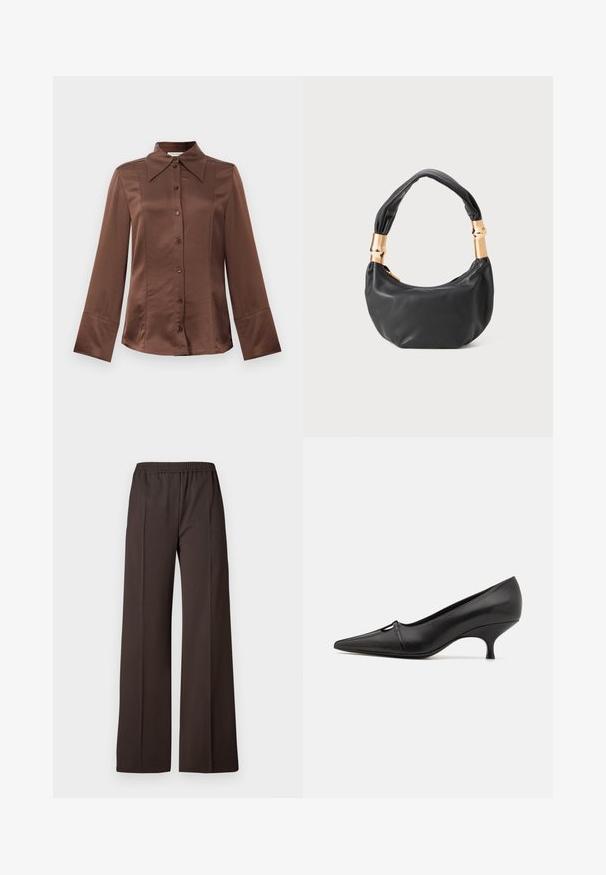 Brown satin shirt with a classic collar, long sleeves, and front button closure. Notable for a smooth texture and tailored fit.; Wide-leg trousers in dark brown fabric with an elastic waistband, featuring a smooth texture and clean lines for a tailored look.; GIABORGHINI DANA - Classic heels - black; Black leather handbag with a round shape, soft texture, and a knotted handle featuring gold-tone hardware accents. Zipper closure.