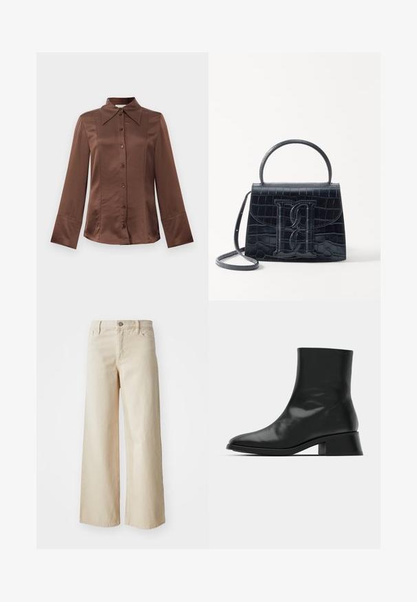 Pruun satiinsärk klassikalise kraega, pika varrukaga ja ees oleva nööpide sulgemisega. Tuntud sujuva tekstuuri ja vooderdatud istuvuse poolest.; Kreemjad lai jalad teksad, mis on valmistatud denimist, kõrgema vöökohtaga, nööbiga kinni pandud, vööst silmustega ja küljetaskutega. Sile tekstuur ja lõdvestunud istuvus.; Must musta, tehtud läikivast nahast, omades elegantset disaini, teravat varvast ja mõõdukat plokknina, mis tagab stabiilsuse.; Must musta krokodillimustriga nahast käekott, millel on struktureeritud disain, ülemine käepide, reguleeritav rihm ja silmapaistev esiküljel logo detail.