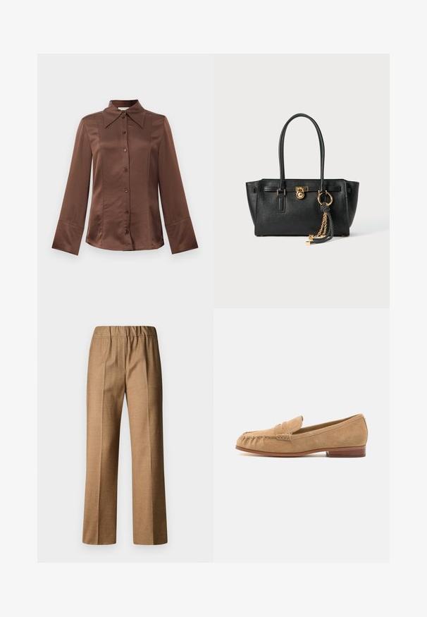 Pruun satiinsärk klassikalise kraega, pika varrukaga ja ees oleva nööpide sulgemisega. Tuntud sujuva tekstuuri ja vooderdatud istuvuse poolest.; Pruunid, tekstureeritud püksid lõdva lõikega, laia säärega ja elastse vöökohtaga. Kohandatud disain eesmine volditega.; Heledadist pärgamisbeige suede loafers, ümarate otstega, esiosa rihmaga ja madala puidust kontsaga. Sile tekstuur ja minimaalsed õmblusteenused.; Must musta kott, millel on kahekordsed käepidemed, kuldne lukustus ja kett, ning must-valge tutikate aksessuaar valge tausta ees.