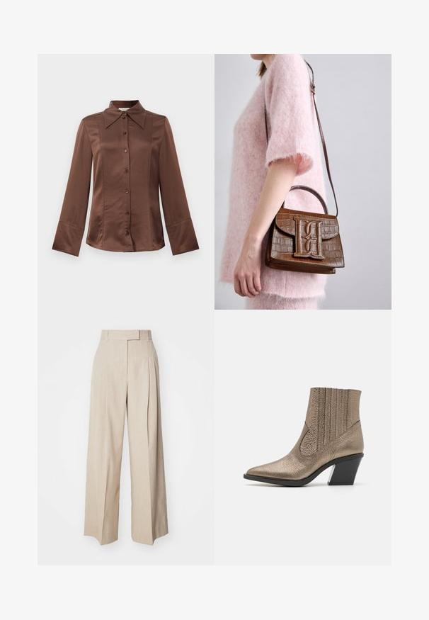 Ruda satino marškiniai su klasikinio tipo apykakle, ilgomis rankovėmis ir priekyje esančia mygtukų uždarymo sistema. Išsiskiria glotnia tekstūra ir pritaikytu siluetu.; Smėlio spalvos plačios kojų kelnės, pagamintos iš tekstūruoto audinio, su lygia priekiu, klostėmis ir juosmeniu. Kojos tiesios ir laisvos.; Metalinės bronzinės aulinės batai su smailiu nosiu, tekstūruota paviršiumi, vertikaliais pjūviais ir keturkampiu kulnu su skaidriu akcentu.; Rudas krokodilo raštas rankinė su viršutine rankena ir pečių diržu. Išsiskiria ryškiu logotipu priekyje. Minkšta tekstūra.