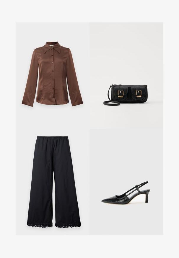 Brun satinskjorte med klassisk krage, lange ermer og frontlukking med knapper. Kjennetegnet ved en glatt tekstur og tilpasset passform.; Sorte vide benbukser laget av lett stoff, med elastisk midje og delikat blondekant nederst.; Sorte patent slingback hæl med spids tå, featuring tekstureret slangeskind, justerbar rem og en kort, tekstureret blokhæl.; Svart skinn crossbody veske med to frontlommer, gyldne spenner, glidelåslukking og en slank stropp. Teksturert overflate og kompakt rektangulær form.