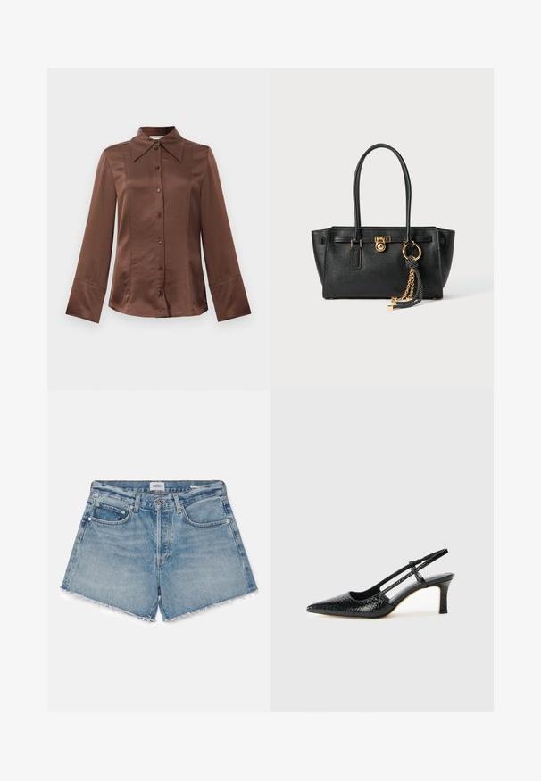 Hnědá saténová košile s klasickým límečkem, dlouhými rukávy a zapínáním na knoflíky vpředu. Výrazná svojí hladkou texturou a přiléhavým střihem.; Citizens of Humanity ANNABELLE - Džínové kraťasy - gemini/light indigo; Černé lakované slingback podpatky s špičatou špičkou, zdobené texturovaným hadím vzorem, nastavovacím páskem a krátkým texturovaným blokovým podpatkem.; Černá kožená kabelka s dvojitými uchy, zlatým zámkem a řetízkem, a černo-bílým třásňovým doplňkem na bílém pozadí.