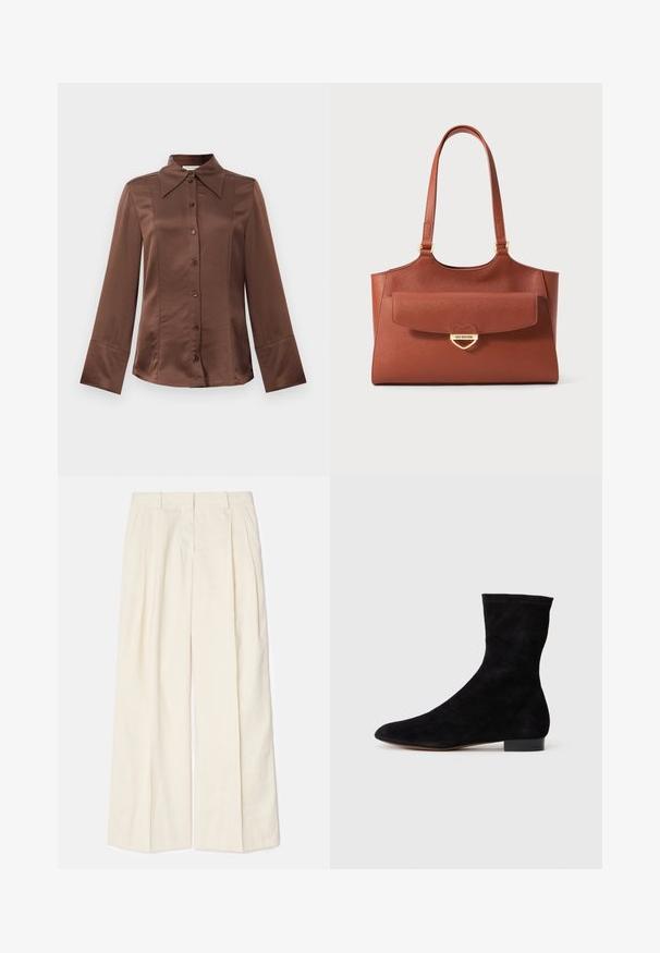 Brązowa satynowa koszula z klasycznym kołnierzykiem, długimi rękawami i zapięciem na guziki z przodu. Wyróżnia się gładką fakturą i dopasowanym krojem.; Spodnie o szerokich nogawkach, wykonane z miękkiej, jasnej kremowej tkaniny. Posiadają zaszewki z przodu, szlufki na pasek oraz gładką teksturę. Dopasowany krój z czystym wykończeniem.; Czarne zamszowe botki za kostkę z dopasowaną cholewką, spiczastym noskiem i niskim blokowym obcasem. Gładka faktura i minimalistyczny design, odpowiednie do wszechstronnych stylizacji.; Brązowa skórzana torba na ramię z długimi uchwytami, przednia kieszeń na klapę i złoty zamek w kształcie serca wygrawerowany napisem "Love Moschino."