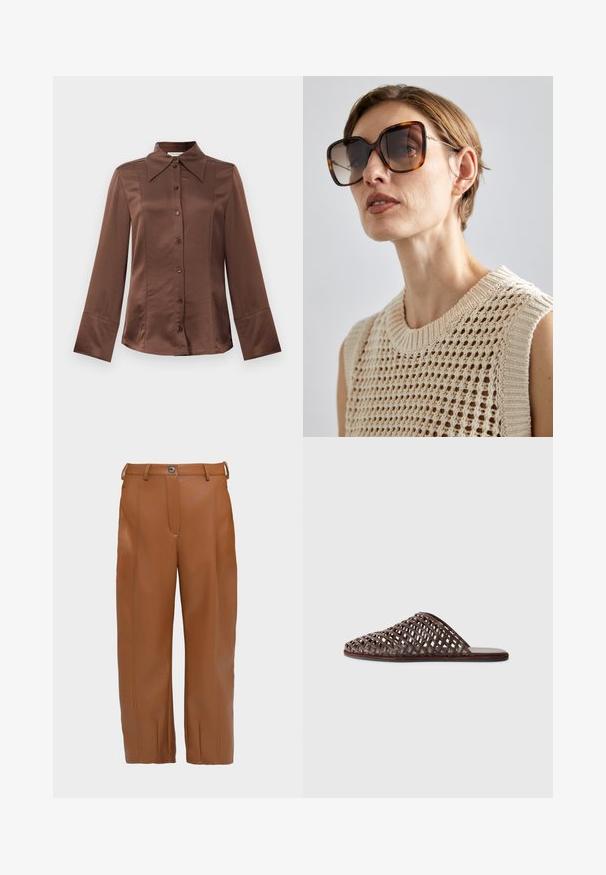 Bruine satijnen shirt met een klassieke kraag, lange mouwen en sluiting met knopen aan de voorkant. Opvallend door de gladde textuur en de getailleerde pasvorm.; Bruine neplederen broek met een rechte pasvorm, details van een voornaad, twee riemlussen en een enkele knoopsluiting bij de tailleband.; Bruine geweven slider-sandaal met een ronde neus, open ontwerp, platte zool en een textuur. Lichtgewicht materiaal en een minimalistische silhouette.; CHLOÉ Zonnebril - brown; Zwarte leren clutch met geplooide textuur, zilverkleurig metalen frame, drukknopsluiting en kettingriem. Glad, zacht oppervlak.