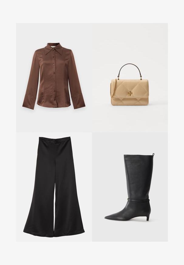 Barna selyem ing klasszikus gallérral, hosszú ujjal és elülső gombos záródással. Jellemzője a sima textúra és a testhezálló fazon.; By Malene Birger LUCEE - Nadrágok - black; Fekete bőr, térd fölé érő csizma, hegyes orral, kör alakú pánttal a bokán és alacsony, keskeny sarkú. Simára csiszolt textúra.; Beige, steppelt bőrtáska aranyozott fémalkatrészekkel, láncos vállpánttal és felső fogantyúval. Elöl klappal és jellegzetes logó részlettel rendelkezik.