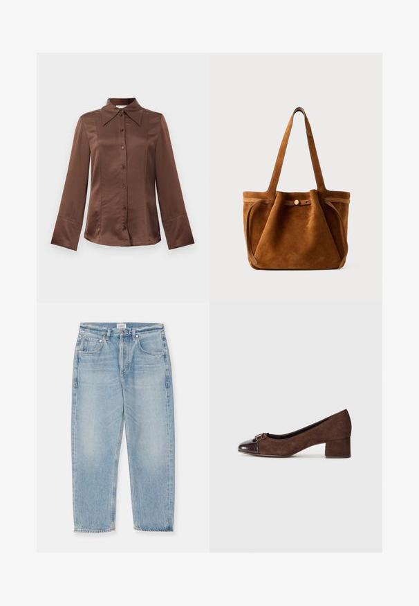 Camisa de satin castanha com colarinho clássico, mangas longas e fecho frontal com botões. Destaca-se pela sua textura suave e pelo corte ajustado.; Jeans de denim azul claro com um aspeto desgastado, design de perna reta, cinco bolsos e fecho com botão. Bainha crua nos tornozelos.; Sandal de camurça castanha com uma biqueira em croco em relevo, de cor castanha escura e um salto baixo e grosso. Apresenta um pequeno laço na frente.; Bolsa tote de camurça castanha com alças duplas, uma tira de fecho em botão e uma forma descontraída, ligeiramente mole.