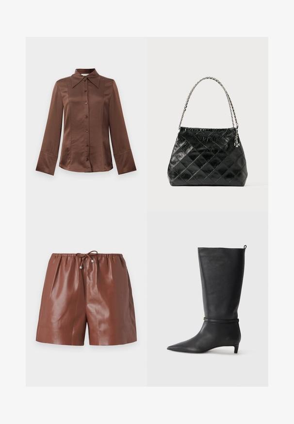 Smeđi satenski košulja s klasičnim ovratnikom, dugim rukavima i prednjim zatvaranjem na dugme. Izdavaća se po glatkoj teksturi i kroju prilagođenom tijelu.; Smeđe kožne kratke hlače s sjajnom završnom obradom, koje imaju elastičnu traku u struku i prilagodljivu vezicu s metalnim detaljima. Glatka tekstura i krojena dizajn.; Crne kožne čizme visine do koljena s izduženim prstima, ukrašene okruglom trakom oko gležnja i niskom, suženom petom. Glatka tekstura.; Crna prešivana kožna torba s ručkom od srebrnog lanca, sa strukturiranim dizajnom i glatkom teksturom.