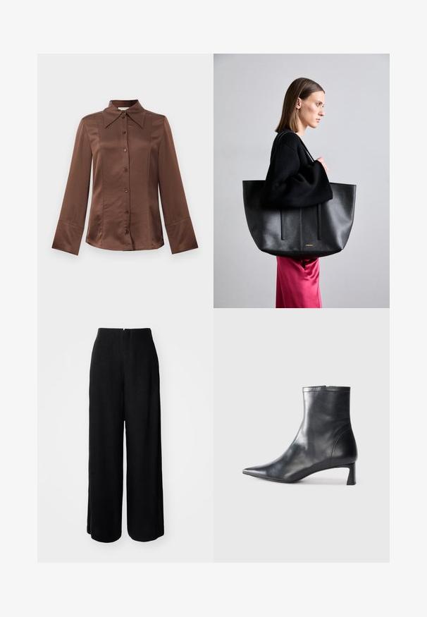 Barna selyem ing klasszikus gallérral, hosszú ujjal és elülső gombos záródással. Jellemzője a sima textúra és a testhezálló fazon.; Fekete, széles lábú nadrág sima textúrával, magas derékkal és láthatatlan záródással. Tiszta sziluettjével és teljes hosszúságával rendelkezik.; Fekete bőr bokacsizma hegyes orral és letisztult dizájnnal. Alacsony sarka és hátsó cipzáras záródása van. Simának tűnő textúra.; Fekete bőr bevásárlótáska, texturált felülettel, két függőleges vonallal, dupla vállpánttal és minimalista dizájnnal.