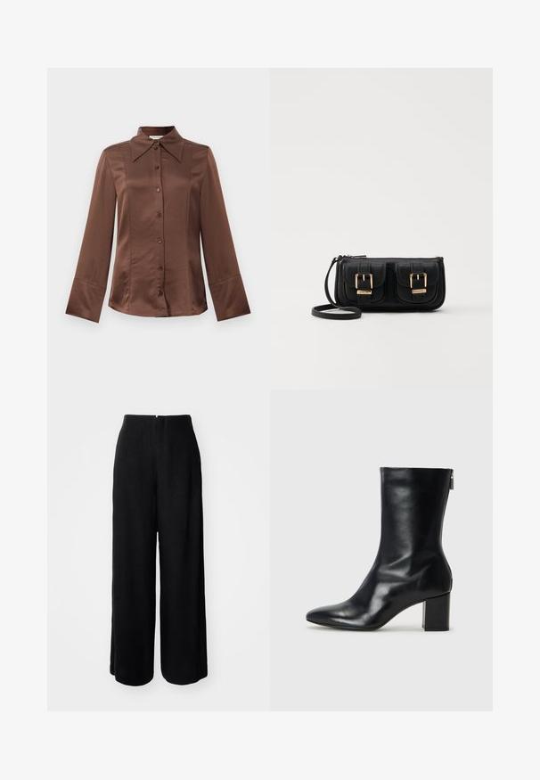 Hnedá saténová košeľa s klasickým golierom, dlhými rukávmi a predným zapínaním na gombíky. Výrazná pre svoj hladký povrch a priliehavý strih.; Čierne široké nohavice s hladkou textúrou, vysokým pásom a bez viditeľného zapínania. Majú čistý siluet a dlhý strih.; Čierne kožené členkové topánky s špicatou špičkou a blokovým podpätkom vysokým 4 cm. Elegantný dizajn obsahuje bočný zips pre jednoduché obúvanie. Hladká textúra.; Čierna kožená crossbody taška s dvoma prednými vreckami, zlatými sponami, zipsovým uzatváraním a úzkym popruhom. Štruktúrovaný povrch a kompaktný obdĺžnikový tvar.