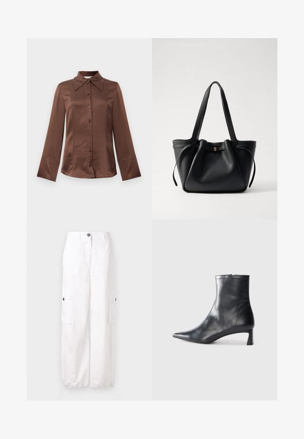 Ruda satino marškiniai su klasikinio tipo apykakle, ilgomis rankovėmis ir priekyje esančia mygtukų uždarymo sistema. Išsiskiria glotnia tekstūra ir pritaikytu siluetu.; Balti medvilniniai cargo kelnės su dviem priekinių kišenėmis, dviem šoninėmis kišenėmis ir elastingu apvadu ant kulkšnų. Yra mygtuko užsegimas.; Juodas odinis kulkšninis batas su smailiu pirštu ir elegantišku dizainu. Turi žemą kulną ir užtrauktuką gale. Lygi tekstūra.; Juodas odinis rankinis krepšys su dviem ilgom diržais, surišamu viršumi ir auksiniu apvaliu akcentu. Lygus paviršius su minimalistiniu dizainu.