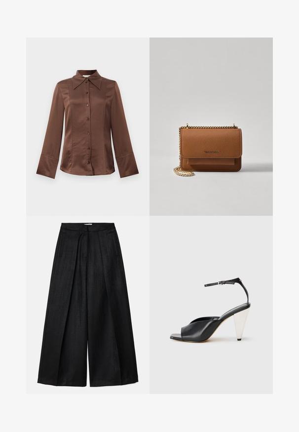 Rjava satenska srajca s klasičnim ovratnikom, dolgimi rokavi in sprednjim zapiranjem na gumb. Zaznamuje jo gladka tekstura in prilagojen kroj.; Črne hlače s širokimi nogavicami in gladko teksturo, s visokim pasom, naborki in stranskimi žepi. Brez vidnih detajlov zaklepanja.; Črne usnjene sandale s peto, odprto toe, asimetričnim dizajnom, zaponko okoli gležnja in kovinsko stožčasto peto. Gladka tekstura po celotni površini.; Rjava teksturirana usnjena torba čez ramo z zlatim verižnim trakom in zapiranjem na pokrov. Spredaj je vidna podrobnost logotipa in žep pod pokrovom.