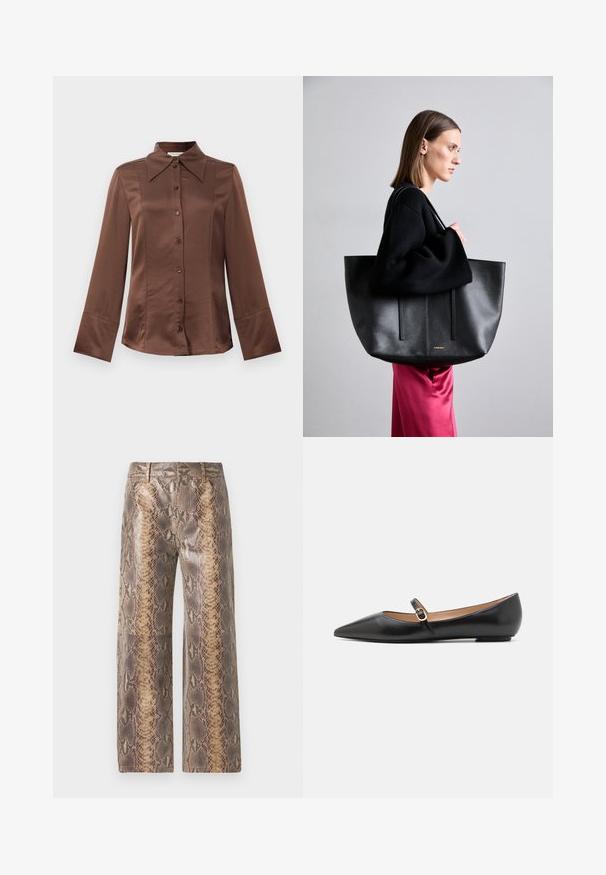 Barna selyem ing klasszikus gallérral, hosszú ujjal és elülső gombos záródással. Jellemzője a sima textúra és a testhezálló fazon.; Bézs és barna kígyóbőr mintás nadrág, széles lábakkal, sima textúrával és kontrasztos mintázott anyaggal, ami merész megjelenést kölcsönöz.; Fekete bőr balettlapok hegyes orral és oldalsó pánttal, amelyen egy kör alakú arany dísz található. Könnyű, lapos talpú.; Fekete bőr bevásárlótáska, texturált felülettel, két függőleges vonallal, dupla vállpánttal és minimalista dizájnnal.