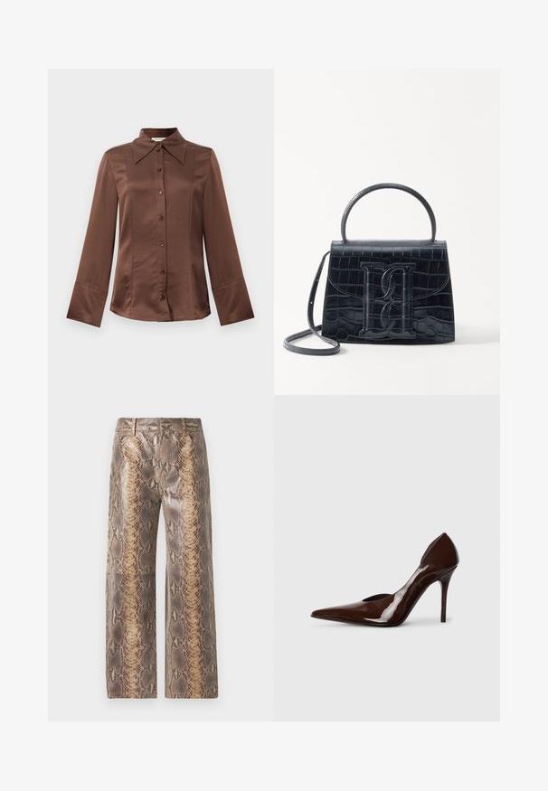 Ruda satino marškiniai su klasikinio tipo apykakle, ilgomis rankovėmis ir priekyje esančia mygtukų uždarymo sistema. Išsiskiria glotnia tekstūra ir pritaikytu siluetu.; Rudų ir smėlio spalvos gyvatės rašto kelnes, turinčias plačias kojas, glotnią tekstūrą ir kontrastingą raštuotą audinį drąsiam įvaizdžiui.; Ruda patentinė oda aukštakulnė bateliai su smailiu pirštu ir išpjovomis šoninėse, pasižymintys plonu kulnu ir glotnia apdaila.; Juodas krokodilo rašto odinis rankinės krepšys su struktūruotu dizainu, viršutine rankena, reguliuojamu dirželiu ir išsiskiriančiu priekinio logo detale.