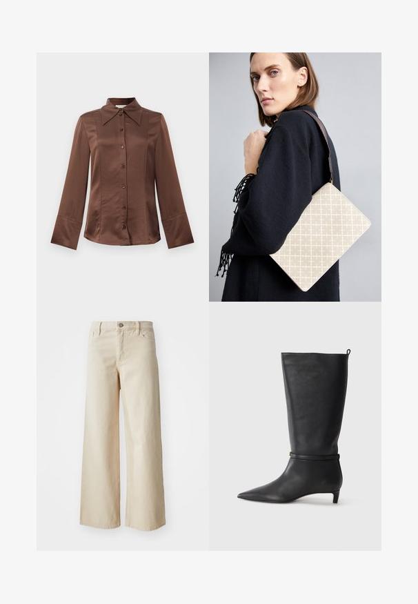 Brown satin shirt with a classic collar, long sleeves, and front button closure. Notable for a smooth texture and tailored fit.; Beige wide-leg jeans made of denim, featuring a high waist, button closure, belt loops, and side pockets. Smooth texture and relaxed fit.; Black leather knee-high boot with a pointed toe, accented by a circular strap around the ankle and a low, tapered heel. Smooth texture.; Beige patterned shoulder bag with a structured shape, featuring a brown textured strap. Worn on a model against a gray background.