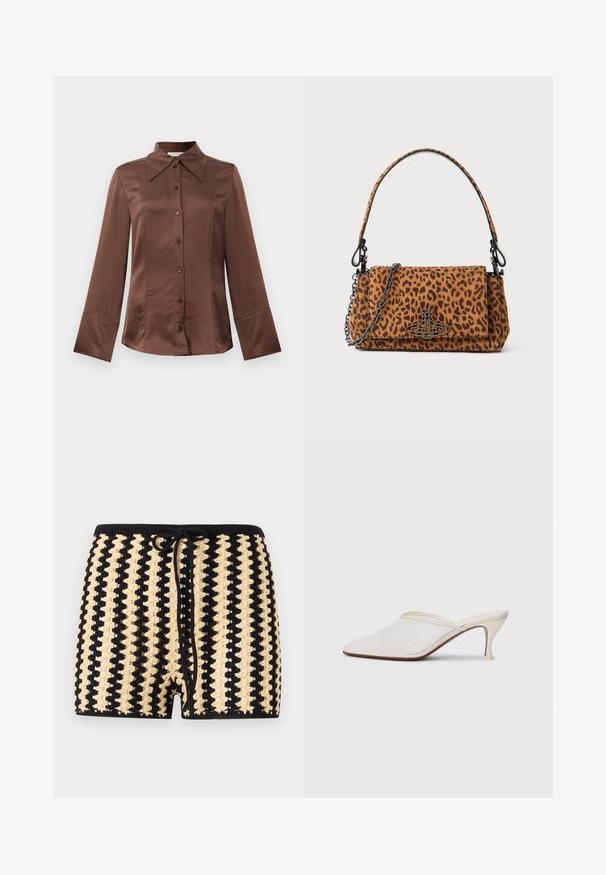 Camisa de satén marrón con cuello clásico, mangas largas y cierre frontal de botones. Destacada por su textura suave y su ajuste entallado.; Bañador de croché en negro y beige con cintura ajustable, que presenta un patrón texturizado en colores alternos y una longitud a mitad del muslo.; Mule blanco de malla con punta afilada, tacón medio y diseño de fácil colocación contra un fondo liso.; Bolso de mano con estampado de leopardo, hecho de ante, con un asa corta, una correa de cadena y un cierre de hardware negro. Forma rectangular con tapa.