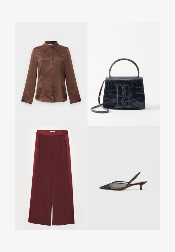 Chemise en satin marron avec un col classique, des manches longues et une fermeture à boutons sur le devant. Notable pour sa texture lisse et sa coupe ajustée.; Pantalons amples bordeaux avec une texture lisse et douce, dotés d'une taille plate et de poches latérales. Design minimaliste sans matériel visible.; NEOUS IRENA - Escarpins - black; Sac à main en cuir noir embossé en crocodile avec un design structuré, une poignée supérieure, une bandoulière ajustable et un détail de logo en avant bien visible.