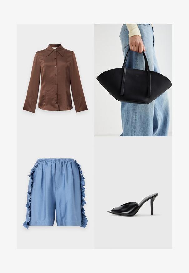 Hnedá saténová košeľa s klasickým golierom, dlhými rukávmi a predným zapínaním na gombíky. Výrazná pre svoj hladký povrch a priliehavý strih.; Svetlomodré bavlnené šortky s elastickým pásom, zdobené volánikmi pozdĺž bočných švov a so voľným strihom.; Čierne kožené vysoké podpätky s otvorenou špičkou, špicatý dizajn, hladká textúra a štíhly stiletto podpätok.; Čierna kožená kabelka s jedinečným tvarom ventilátora, so plochými držadlami. Povrch má štruktúru s brúseným efektom a minimalistic design.