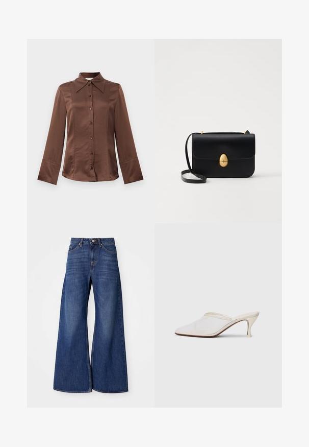 Brun satinvaskad skjorta med klassisk krage, långa ärmar och knappstängning framtill. Utmärkande för sin släta textur och skräddarsydda passform.; Breda denimjeans i mörkblått med klassisk femficksdesign, knäppning och subtila blekningar längs låren.; Vit nät-mule med spetsig tå, smal klack i medelhöjd och slip-on design mot en enkel bakgrund.; Svart läderhandväska med en strukturerad rektangulär form. Har ett gyllene ovalt lås och ett tunt axelband. Slät textur.