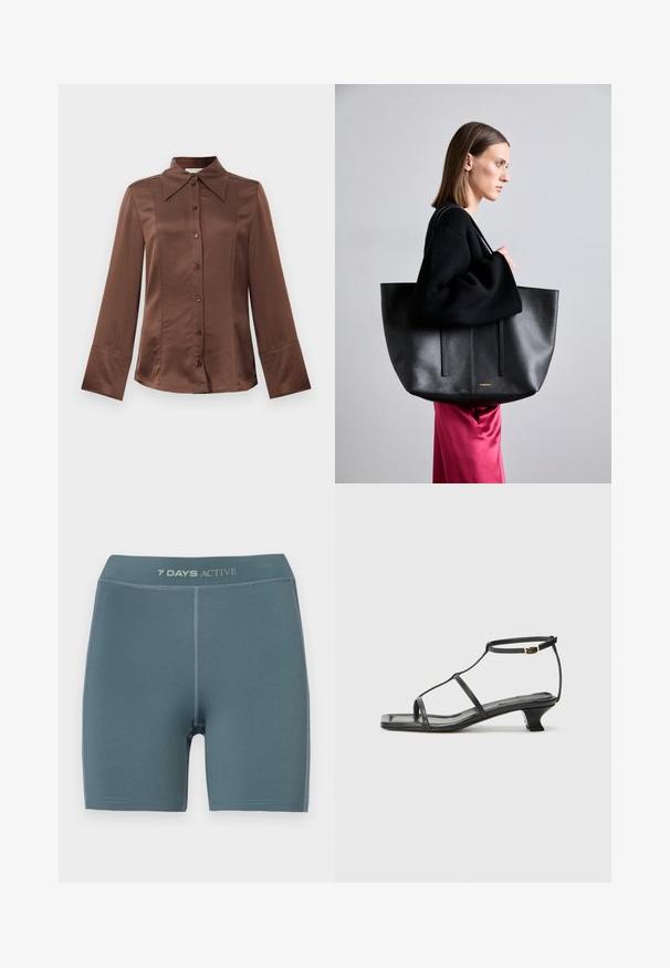 Barna selyem ing klasszikus gallérral, hosszú ujjal és elülső gombos záródással. Jellemzője a sima textúra és a testhezálló fazon.; Világoskék sportnap shorts, sima tapintású, közép-thigh hosszú, derékpántján logóval; megerősített varratokkal rendelkezik.; Fekete bőr szandál, négyzet alakú orral, vékony pántokkal, állítható bokapánttal és alacsony sarokkal. A pánton egy kis arany dísz található.; Fekete bőr bevásárlótáska, texturált felülettel, két függőleges vonallal, dupla vállpánttal és minimalista dizájnnal.