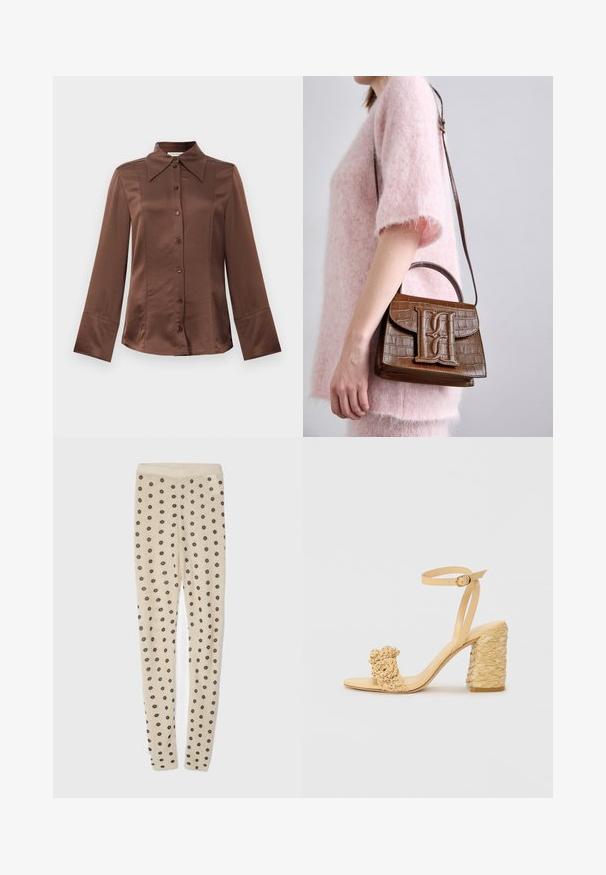 Hnedá saténová košeľa s klasickým golierom, dlhými rukávmi a predným zapínaním na gombíky. Výrazná pre svoj hladký povrch a priliehavý strih.; Béžové legíny s jemnou textúrou, ktoré majú celoplošný vzor malých tmavých kvetov. Elastický pás zabezpečuje pohodlné nosenie.; Béžové sandále na vysokom podpätku s opletenou textúrou, ozdobené kvetinou a popruhom na členku. Štvorcová päta zvyšuje stabilitu.; Hnedá kabelka s embosovaným vzorom krokodíla, so spodnou rukoväťou a ramenným popruhom. Obsahuje výrazné logo na prednom klape. Mäkká textúra.