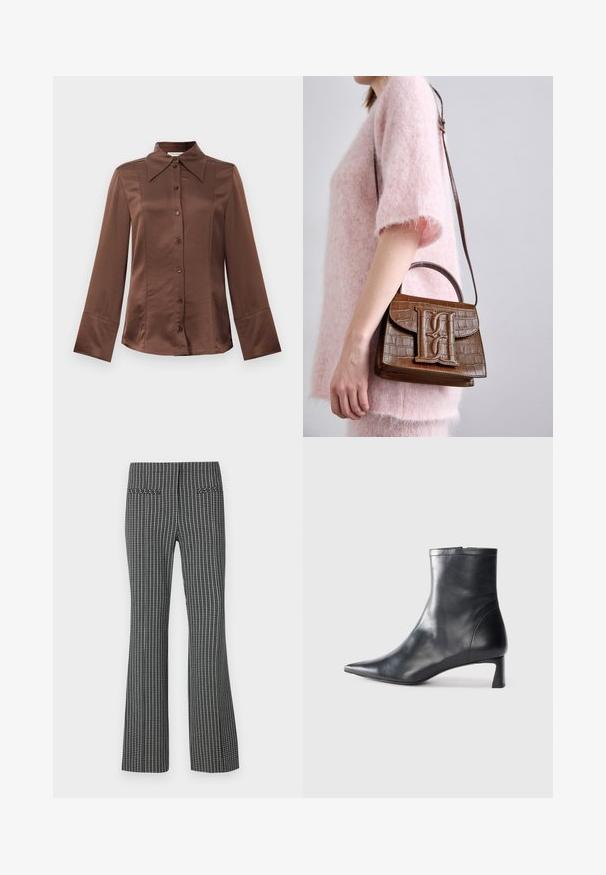 Brūna satīna krekls ar klasisku apkakli, garām piedurknēm un priekšējo pogu aizdari. Izceļas ar gludu tekstūru un izgrieztu piegriezumu.; Melnbalti rūpju bikses ar paplašinātu kāju dizainu, kurām ir divi aizmugurējie kabatas un teksturēts audums ar redzamu režģa rakstu.; Melnas ādas potītes zābaki ar norādītu pirkstu un elegantu dizainu. Iezīmē zemu papēdi un rāvējslēdzēja aizdari aizmugurē. Gluda tekstūra.; Brauns krokodila raksturs somiņa ar augšējo rokturi un plecu siksnu. Priekšējā klapā ir izcils logotips. Mīksta tekstūra.