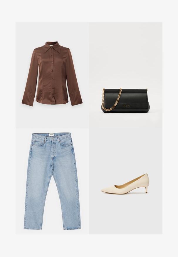 Ruda satino marškiniai su klasikinio tipo apykakle, ilgomis rankovėmis ir priekyje esančia mygtukų uždarymo sistema. Išsiskiria glotnia tekstūra ir pritaikytu siluetu.; Šviesiai mėlyni džinsai su klasikinio tiesaus kirpimo, penkios kišenės ir priekiniu mygtuku, turintys subtilų išblukimą ir tvirtą tekstūrą.; Smėlio spalvos, smailėjančio toe dizaino bateliai pagaminti iš sklandžios sintetinės medžiagos, su žemu kulnu ir užsidėjimu, papildytu subtiliu nugaros akcentu.; Juodas odinis delninukas su auksine grandine, turintis lygų paviršių, stačiakampį išmatavimą ir įspaustą prekės ženklą priekyje.