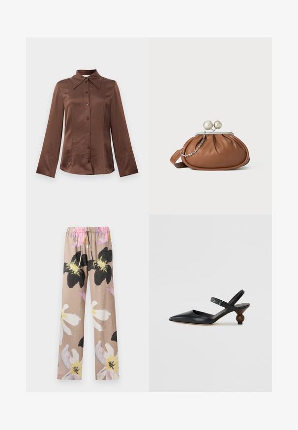 Cămașă din satin maro cu guler clasic, mâneci lungi și închidere prin butoane în față. Se remarcă printr-o textură netedă și un croi ajustat.; Pantaloni cu imprimeu floral în nuanță de bej, cu designuri mari de flori negre și albe, având un elastic în talie și un șnur de culare roz.; Sandal din piele neagră cu vârf ascuțit, design curbat și toc rotund asemănător cu lemnul. Dispune de o curea îngustă la gleznă.; Plic din piele maro cu închidere din bilă argintie și un mic detaliu cu lanț argintiu pe un fundal alb.