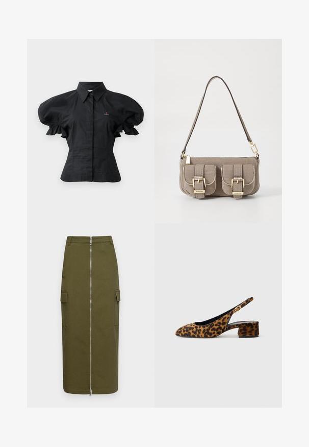 Sort skjorte med puffærmer lavet af bomuld, med krave, knaplukning og broderet detalje på brystet. Krøllet tekstur.; Olivengrøn cargo-nederdel lavet af bomuldsblanding, med en central lynlås og to sidelommer for ekstra funktionalitet.; Kvinders slingback sko i leopardmønster med lav blokhælh og guldspænde på siden, vist i sideprofil på ensfarvet baggrund.; Beige tekstureret håndtaske med justerbar rem, to forreste lommer sikret med spænder og guld hardware detaljer. Lynlåslukning på toppen.