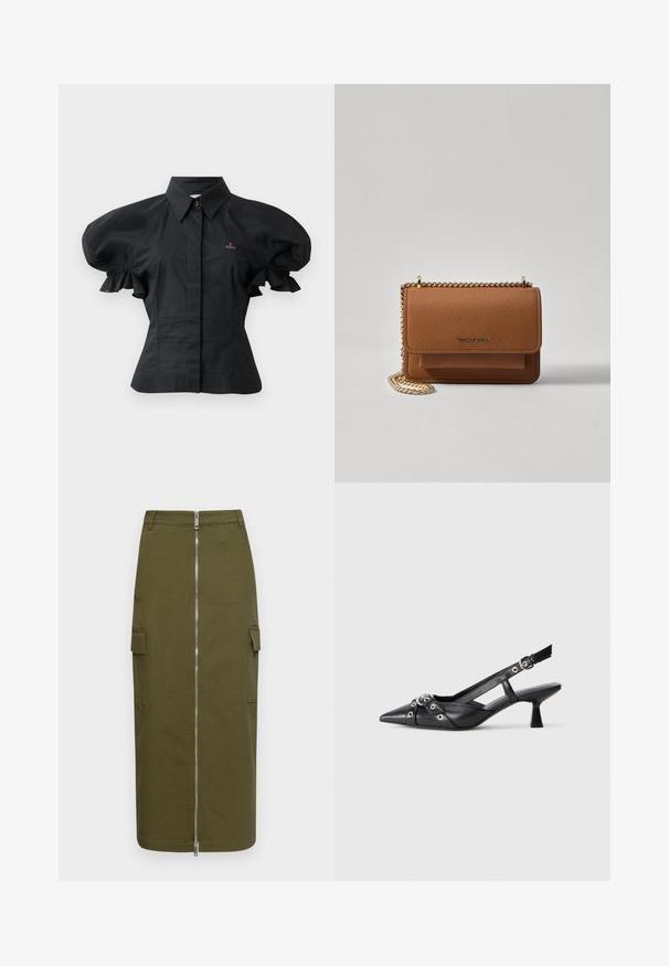 Sort skjorte med puffærmer lavet af bomuld, med krave, knaplukning og broderet detalje på brystet. Krøllet tekstur.; Olivengrøn cargo-nederdel lavet af bomuldsblanding, med en central lynlås og to sidelommer for ekstra funktionalitet.; Sort lædersandal med spids tå, dekorative stropper med metaløjer og en lav blokhæl. Struktureret overflade.; Brun tekstureret læder crossover-taske med guldkæde-rem og klaplukning. Forsiden har logo-detalje og en lomme under klappen.