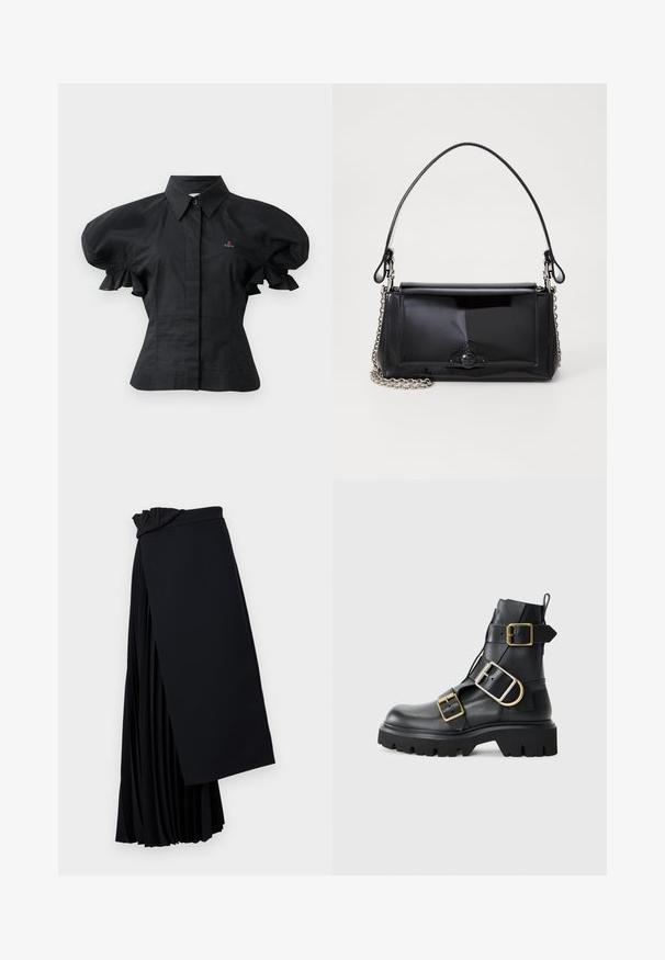 Melnas puff-sleeve krekls, izgatavots no kokvilnas, ar apkakli, pogu aizdari un izšuvumu krūšu daļā. Saburzīta tekstūra.; Melnā plisētā svārku izgatavoti no viegla auduma. Izceļas ar plūstošu jostas dizainu un plūstošu siluetu ar slāņotiem plisējumiem.; Melna ādas potīšu zābaku ar masīvu zoli, kuram ir vairāki siksniņas un zelta aksesuāri. Gluda tekstūra, izturīgs dizains.; Melnas lakotas ādas rokassomi ar taisnstūra formu, ķēdes siksnu un izteiksmīgu metāla aksesuāru centrā. Gluda tekstūra.