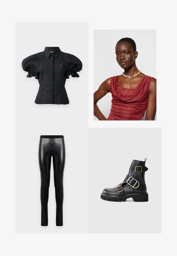 Zwarte shirt met pofmouwen van katoen, met een kraag, knoopsluiting en geborduurde details op de borst. Gekreukte textuur.; Zwarte nepleer leggings met een gladde textuur, een aansluitende pasvorm en een brede tailleband. Geen zichtbare naden of patronen.; Zwarte leren enkellaars met een dikke zool, voorzien van meerdere banden en gouden hardware accenten. Soepele textuur, robuust ontwerp.; Kraagloze, diep rode jurk met een gladde textuur. Voorzien van een parelketting met een decoratieve zilveren accent in het midden.