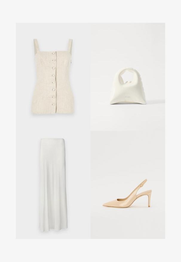 Top sin mangas de lino beige con un diseño ceñido, cierre frontal de botones y tejido texturizado. Presenta tirantes rectos.; Larga falda blanca de tejido suave y fluido. Presenta una cintura elástica simple y una silueta recta, alcanzando la longitud hasta los tobillos.; Tacón slingback de charol nude con punta afilada, empeine abierto y un delgado tacón stiletto. Presenta un acento dorado circular en la correa.; Bolso blanco con un diseño texturizado y curvado. Presenta un asa prominente y un fondo redondeado, con un acabado suave y hardware mínimo.