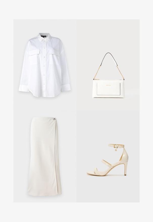 Hvit knapp-up skjorte laget av bomull, med klassisk krage, to brystlommer og lange ermer med mansjetter. Glatt tekstur.; Lang hvit skjørt laget av glatt stoff, med en sidelåsing og en dekorativ sølvknapp ved midjen. Rene linjer og minimalistisk design.; Beige høyhælte sandaler med tynn ankelstropp og to stropper over. Glanset lakkfinish og detaljer i gull på ankelstroppen.; Hvit lærveske med teksturert overflate, utstyrt med gullkjede for å bære over skulderen og svarte detaljer. Inkluderer en frontlomme og glidelås.