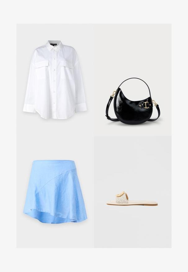 Biela košeľa na gombíky vyrobená z bavlny, s klasickým golierom, dvoma náprsníkovými vreckami a dlhými rukávmi s manžetami. Hladká textúra.; Svetlomodrá ľanová sukňa s A-linovým strihom a asymetrickým lemom. Vyznačuje sa hladkou textúrou a minimálnymi švovými detailmi.; Šľapka s béžovým remienkom s geometrickým vzorom, zaobleným žltým detailom na hornej časti a plochou svetlou podrážkou.; Čierna patinovaná kožená kabelka s krivým tvarom, nastaviteľným popruhom a zlatými detailmi na strane. Hladká, lesklá textúra.