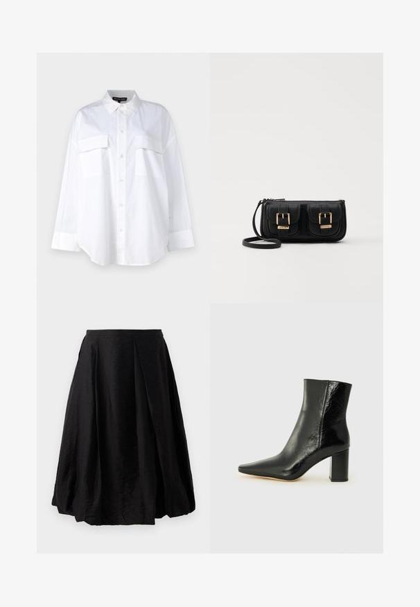 Λευκό πουκάμισο με κουμπιά, φτιαγμένο από βαμβάκι, με κλασικό γιακά, δύο τσέπες στο στήθος και μακριά μανίκια με μανσέτες. Λείος υφάσματος.; Μαύρη πλισέ φούστα φτιαγμένη από ελαφρύ, υφασμάτινο υλικό. Σχήμα Α-γραμμής με μήκος μέχρι τη μέση της γάμπας και κλείσιμο με φερμουάρ στο πλάι. Χωρίς ορατά σχέδια.; Μαύρη μπότα μέχρι τον αστράγαλο, κατασκευασμένη από γυαλιστερό δέρμα με μυτερή μύτη και χοντρό τετράγωνο τακούνι. Διαθέτει λεία υφή και μινιμαλιστικό σχέδιο.; Μαύρη δερμάτινη τσάντα ώμου με δύο μπροστινές τσέπες, χρυσά κούμπωματα, κλείσιμο με φερμουάρ και λεπτό λουρί. Υφή επιφάνειας και κομψό ορθογώνιο σχήμα.
