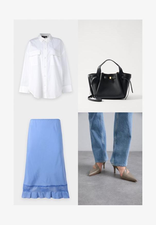 Bela srajca s gumbi, izdelana iz bombaža, z klasičnim ovratnikom, dvema žepoma na prsih in dolgimi rokavi s manšetami. Gladka tekstura.; Svetlo modra krila do kolen, izdelana iz gladkega materiala, z ruffled robom in mrežnim akcentom pri dnu. Preprost model za oblačenje.; Sive točke z visokimi petami s piksli, z obliko v izreza, z ozkim stiletto peto. Nosite s svetlo modrimi ravnimi hlačami.; Črna usnjena torbica z oblikovano strukturo, ki ima zlat akcent, dve kratki ročici in odvzljiv dolg trak. Teksturirana površina.
