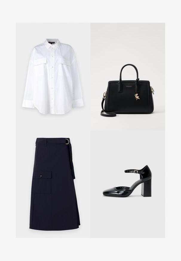 Biela košeľa na gombíky vyrobená z bavlny, s klasickým golierom, dvoma náprsníkovými vreckami a dlhými rukávmi s manžetami. Hladká textúra.; Námornícky modrá sukňa so štruktúrovaným dizajnom, obsahujúca bočnú cargo vrecko a kovový D-krúžok ako akcent. Vyrobená z odolnej látky.; Čierne lakované dámske topánky na vysokom opätku so štvorcovou špičkou, remienkom okolo členku a masívnym opätkom. Obsahuje perforované detaily pozdĺž lemu.; Čierna kožená kabelka so štruktúrovaným dizajnom, dvojitými hornými uchami, odnímateľným ramenným popruhom, zlatými kovovými detailmi a akcentom logového prívesku.