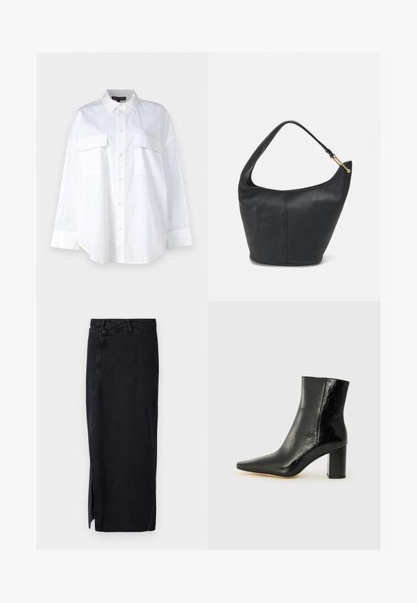 Weißes Button-Up-Hemd aus Baumwolle, mit klassischem Kragen, zwei Brusttaschen und langen Ärmeln mit Manschetten. Glatte Textur.; Schwarzer Denimrock mit hoher Taille, der über einen seitlichen Schlitz und ein klassisches Fünf-Taschen-Design verfügt. Glatte Textur und gerade Silhouette.; Schwarze Knöchelstiefelette aus glänzendem Leder mit spitzem Zeh und klobigem, quadratischem Absatz. Verfügt über eine glatte Textur und ein minimalistisches Design.; Schwarze Lederhandtasche mit abgerundeter Form, breitem Tragegurt und strukturiertem Finish. Besitzt eine subtile Nahtdetails und einen Akzent aus goldfarbenem Metall.