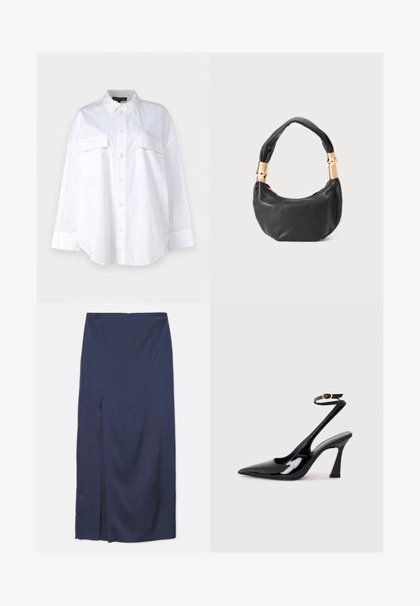 Fehér gombos ing, pamutból készült, klasszikus gallérral, két mellzsebével és hosszú ujjaival, amelyek mandzsettával rendelkeznek. Sima textúra.; Sötétkék midi szoknya sima anyagból, elülső részen nyílással, illeszkedő derékrésszel és drapált dizájnnal a szabad mozgás érdekében.; Fekete lakk bőrből készült, slingback magas sarkú cipők, hegyes orral, állítható bokapánttal és mérsékelt tömbsarkal. Simább textúra, fényes felület.; Fekete bőr kézitáska kerek formával, puha textúrával és csomózott fogantyúval, aranyszínű fém díszítéssel. Cipzáras záródás.
